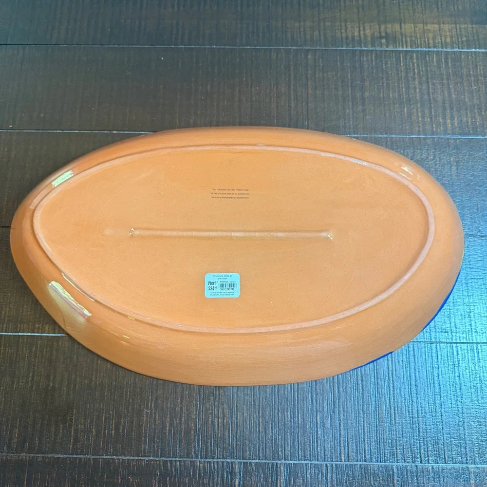 Pier 1 Terracotta Platter Decorative 19in Blue Fish Portugal Coastal Home Decor
